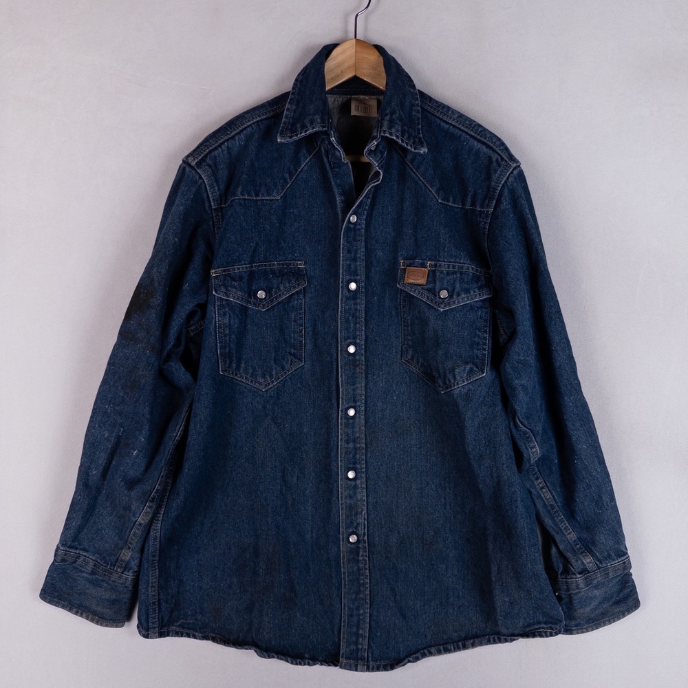 Rasco Mens Denim Work Shirt Large Long Blue Pearl Snap Heavy Duty Distressed